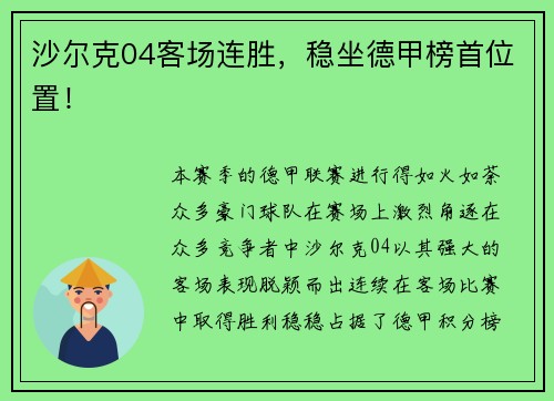 沙尔克04客场连胜，稳坐德甲榜首位置！
