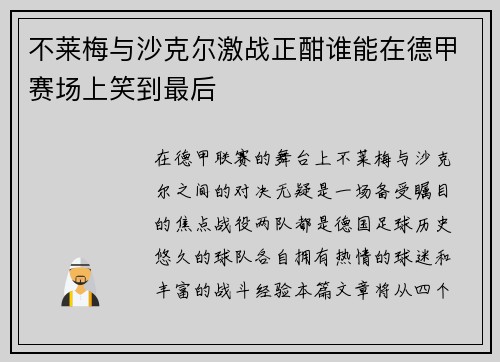 不莱梅与沙克尔激战正酣谁能在德甲赛场上笑到最后